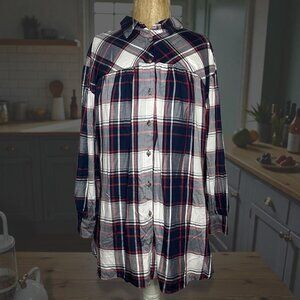 New Como Vintage Womens 1X Plaid Button Tunic Top Navy Red Long Sleeve Lagenlook